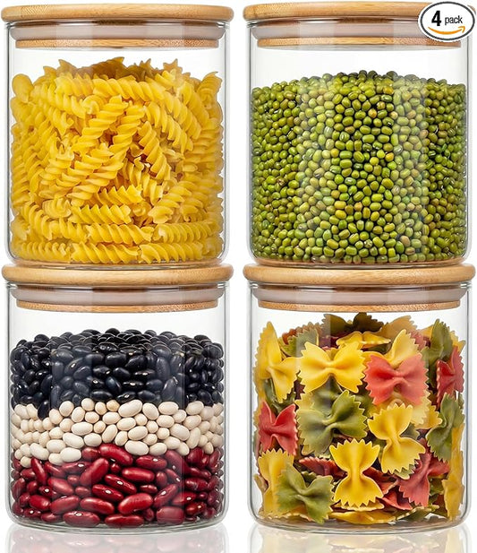 HomArtist 21oz - 4 Pack Glass Jars with Bamboo Lids, Glass Food Storage Containers with Airtight Lids, Air Tight Pantry Storage Containers for Coffee, Sugar, Spice, Meal Prep Jars for Salad & Fruit