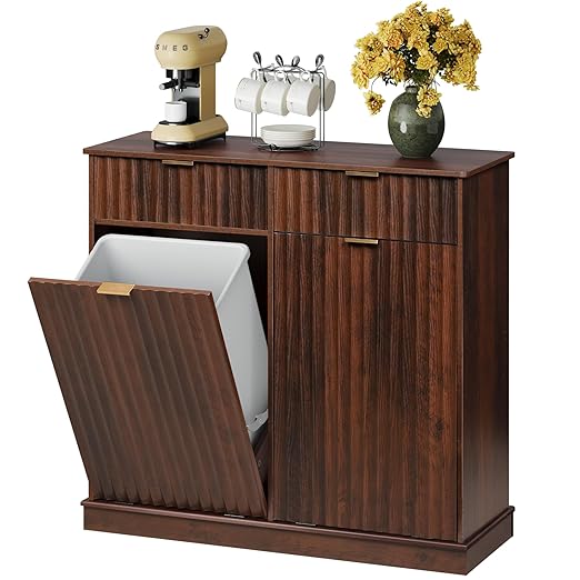 WLIVE 2 * 10 Gallon Double Tilt Out Trash Can Cabinet, Hidden Trash Can Cabinet with Storage Drawers,Food/Clothes Storage Pet Proof Wooden Trash bin Cabinet for Kitchen, Home, Laundry (Brown)