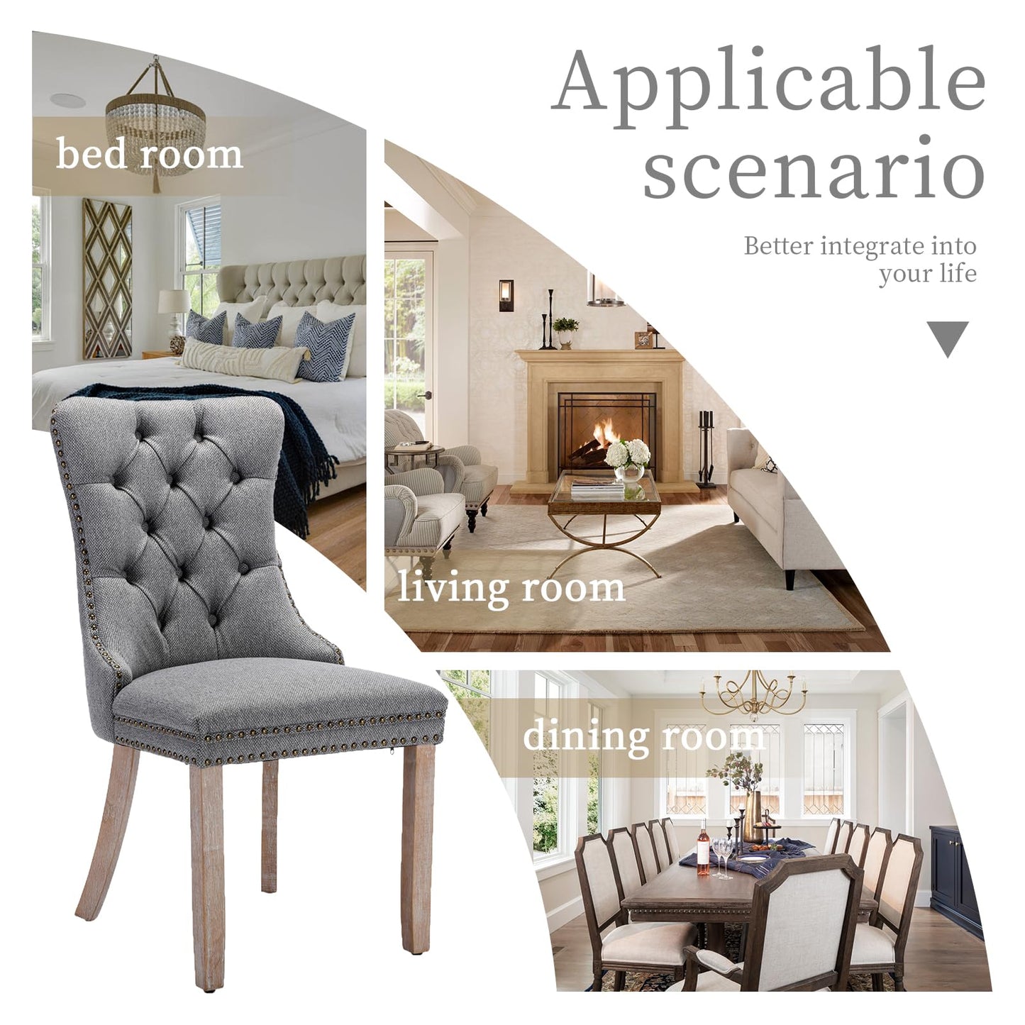LKTART Upholstered Dining Chairs Set of 4 with Button Tufted, Linen Chair with Solid Wood Legs for Dining Room, Living Room, Bedroom, Kitchen Grey