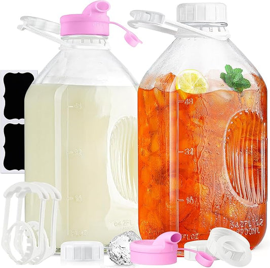 2 Pack 1/2 Gallon Glass Milk Bottles with Airtight Screw Lid & Handle & 2 Spouts - Heavy Duty Glass Water Bottles - Breastmilk Jug Pitcher with Scale Lines, Milk Container for Refrigerator Storage
