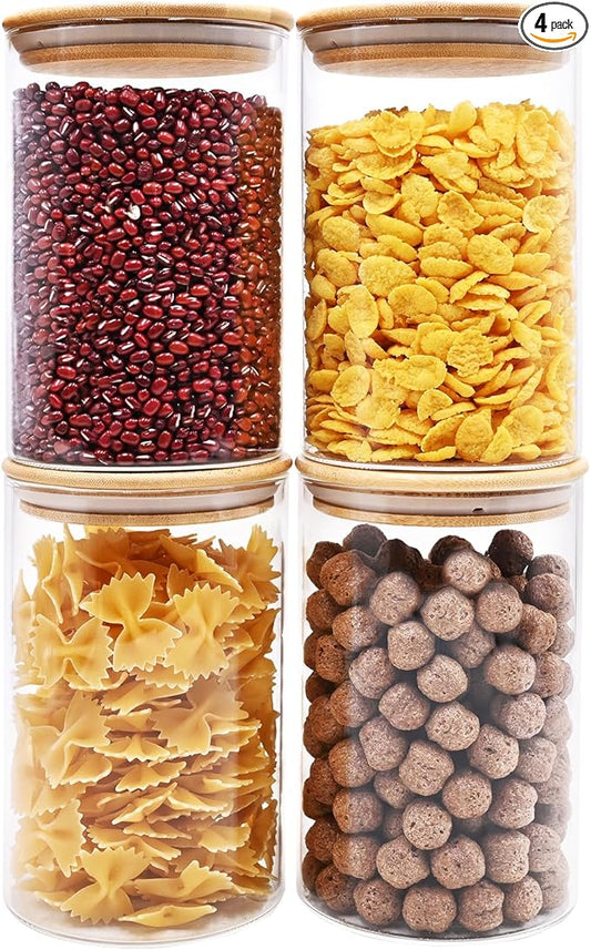 SHOWIN 32oz Glass Food Storage Jars, Glass Jars with Bamboo Lids, Kitchen Storage Jars, Canisters with Airtight Lids for Spice, Coffee, Cookie, Set of 4, Pantry Organizers