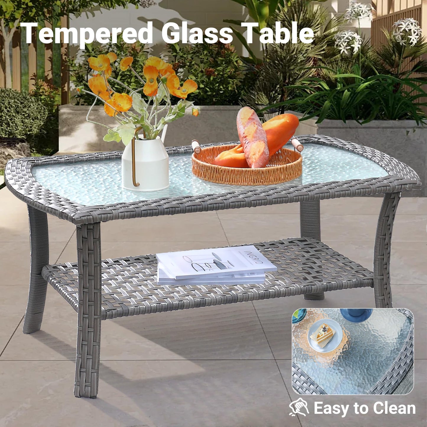 ovios 4 Pieces Patio Furniture Set, Outdoor Wicker Sofa with Coffee Table, Chairs, All Weather High Back Rattan Loveseat Couch with Comfy Cushions, Denim Blue