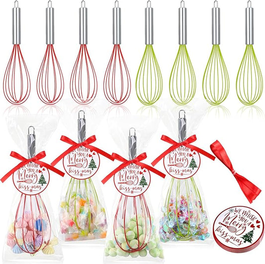 12 Sets 10 Inch Christmas Whisks Gifts DIY Fillable Christmas Tree Ornaments Xmas Colored Silicone Whisks for Cooking Heat Resistant Egg Beaters with Card Rope Bag for Candy Holder