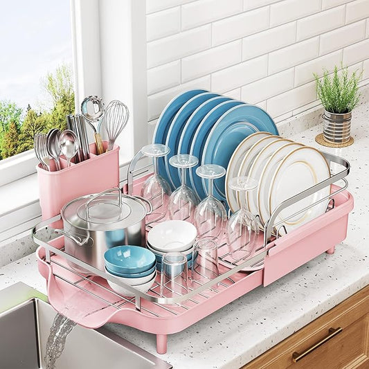 SNTD Dish Drying Rack, Expandable Dish Rack for Kitchen Counter, Stainless Steel Dish Drainer with Drainboard Set and Utensil Holder (Pink)