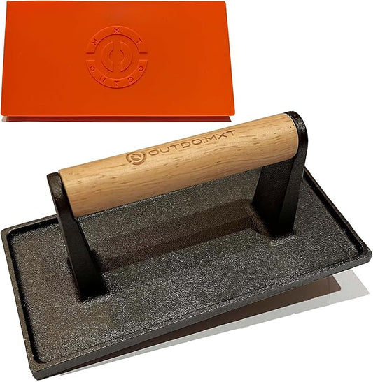 Burger Press Smash Burger Press for Blackstone Griddle Heavy Duty Cast Iron 8.5"X4.3" Rectangular Grill Press Bacon Press with Wood Handle and Silicone Protective Cover