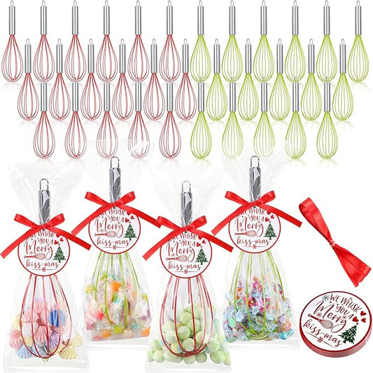 100 Sets 10 Inch Christmas Whisks Gifts DIY Fillable Christmas Tree Ornaments Xmas Colored Silicone Whisks for Cooking Heat Resistant Egg Beaters with Card Rope Bag for Candy Holder
