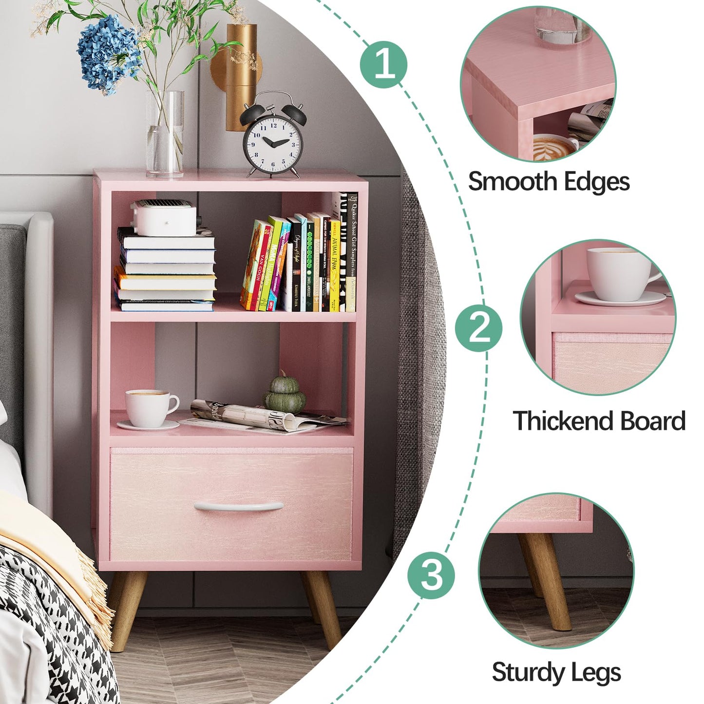 Aenuert Night Stand, Pink Kids Nightstand with Drawer, Nursery Side Table with Open Storage, 3-Tier Modern End Table, Bedside Table for Small Space, Living Room, Bedroom