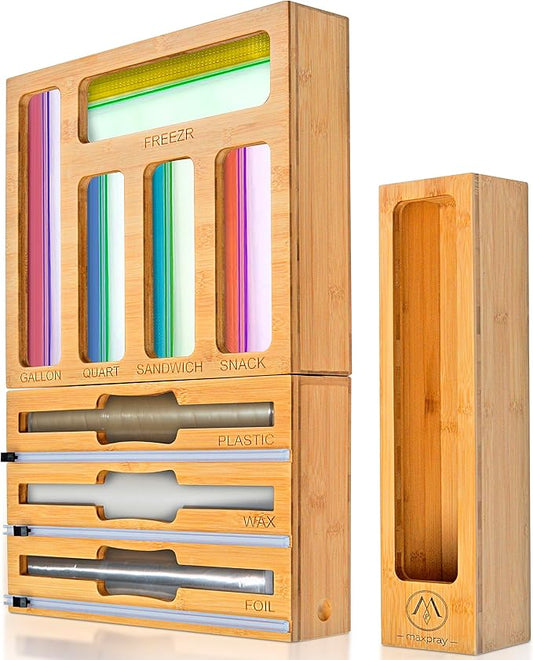 9 IN 1 Bamboo Foil and Plastic Wrap Organizer for Kitchen Drawer, Plastic Bag Organizer Organization and Storage, Food Storage Bag Organizer with Labels for Quart Gallon Snack Sandwich