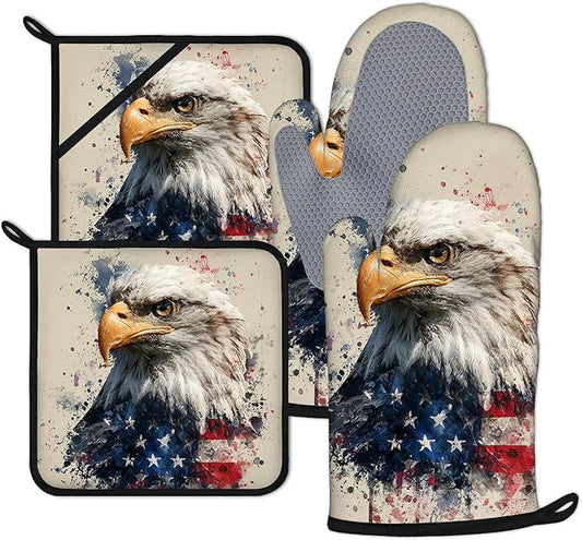 American Flag Eagle Oven Mitts and Pot Holders Sets 4Pcs Silicone Non-Slip Mitts Heat Resistant Gloves Hot Pads for Kitchen Cooking Baking Grilling BBQ