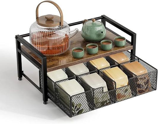 Tea Bag Organizer, Tea Bag Holder with Drawer, Wood and Metal Tea Organizers and Storage Chest for Countertop Kitchen, Office, Rustic Brown