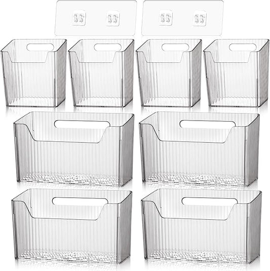 8 Pcs Storage Organizer Bins Wall Mounted Organizer Basket Plastic Cabinet Door Bins Stackable Hanging Baskets for Organizing for Wall Refrigerator Kitchen Bathroom Pantry(3.94'',Clear)