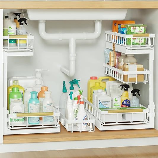 Under Sink Organizer and Storage for Bathroom and Kitchen - 2 Pack 3 Tier Under Cabinet Pull Out Shelf Organizers - Slide Out Drawer Organization for Home Cabinets Shelves and Drawers