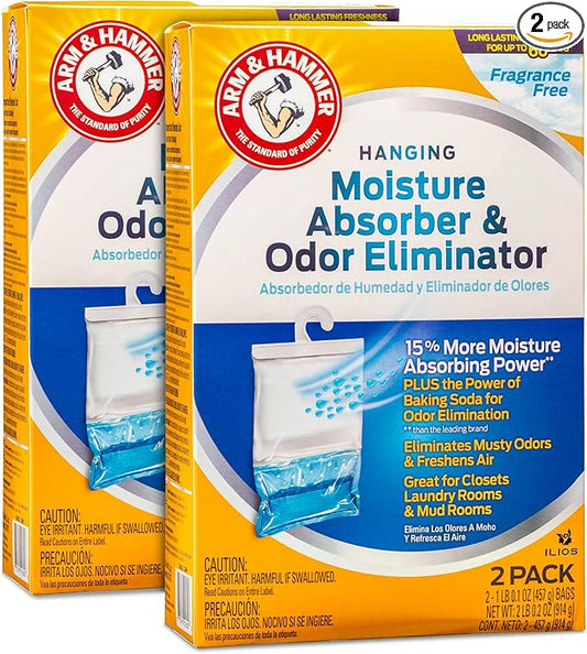 Arm & Hammer Moisture Absorber & Odor Eliminator – Fragrance Free Hanging Moisture Absorber Bag for Fresher Air, Humidity Absorber Bags for Closets & Laundry Room, 2 Pack – Packed by ILIOS