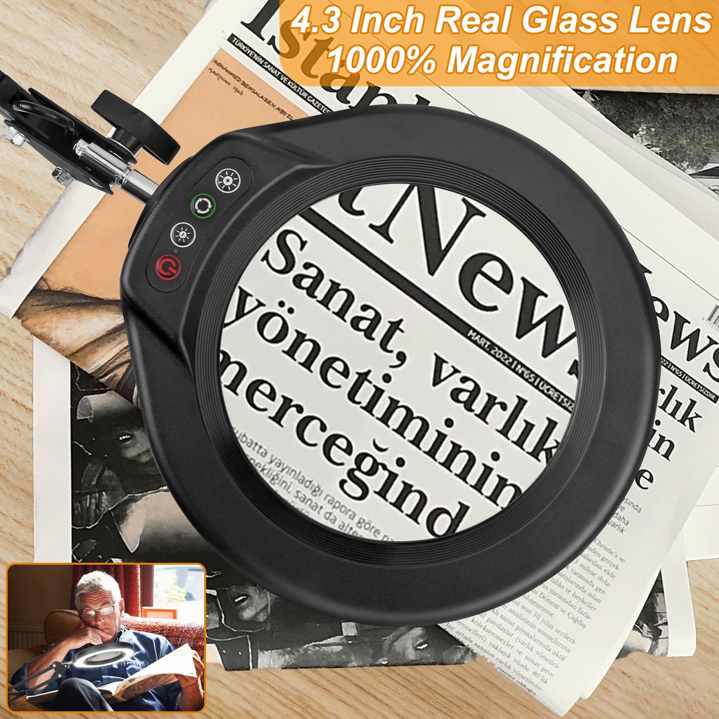 10X Large Magnifying Glass with Light and Stand, KRSTLV 2 x 16 Inch Adjustable Swivel Arm LED Desk Lamp with Clamp, 5 Color Modes Stepless Dimmable, Lighted Magnifier Hands Free for Close Work, Hobby