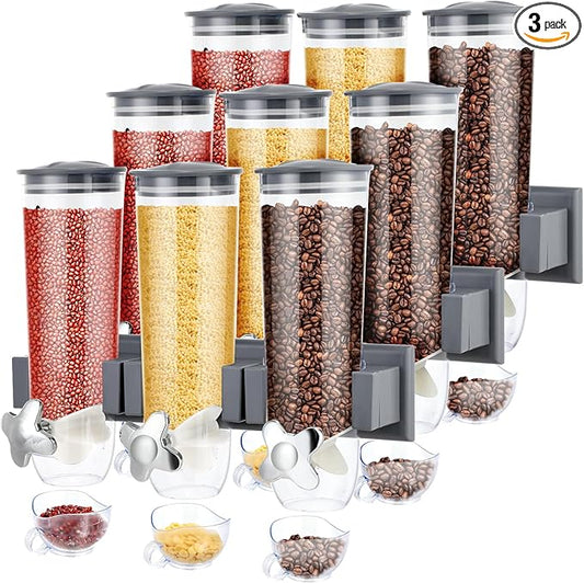 Triple Food Dispenser - 3 Set Easy To Use Dry Food Dispenser for Candy, Nuts, Rice, Granola, Cereal - Dispensing 1 Oz Per Twist And Preserving Freshness For Fun, Easy Serving.5.4 L (Each Set)(Gray)