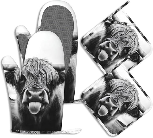 Oven Mitts and Pot Holders Sets Highland Cow Silicone Kitchen Mits Potholders Cute Highland Cattle Heat Resistant 4Pcs Oven Gloves Hot Pads for Baking Cooking BBQ Grilling Home Decor