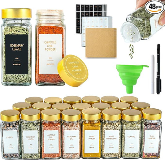 Gold Spice Jars with Label，4oz Seasoning Containers, Glass Spice Bottles with Shaker Lids,Funnel, Chalk Pen for Cabinet，Drawer，Rack (48)