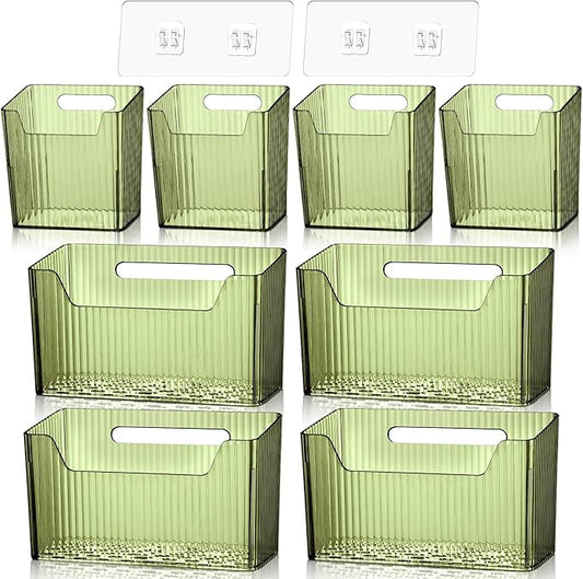 8 Pcs Storage Organizer Bins Wall Mounted Organizer Basket Plastic Cabinet Door Bins Stackable Hanging Baskets for Organizing for Wall Refrigerator Kitchen Bathroom Pantry(3.94'',Green)