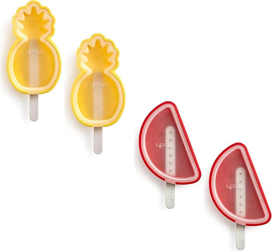 Lékué Set of 4 Tropical Popsicle & Ice Cream Molds + Sticks & Lids | Fun Shape Homemade Freezer Ice Pops | Flexible Platinum Silicone for Easy Fill & Unmold | Reusable & Dishwasher Safe| Multicolor