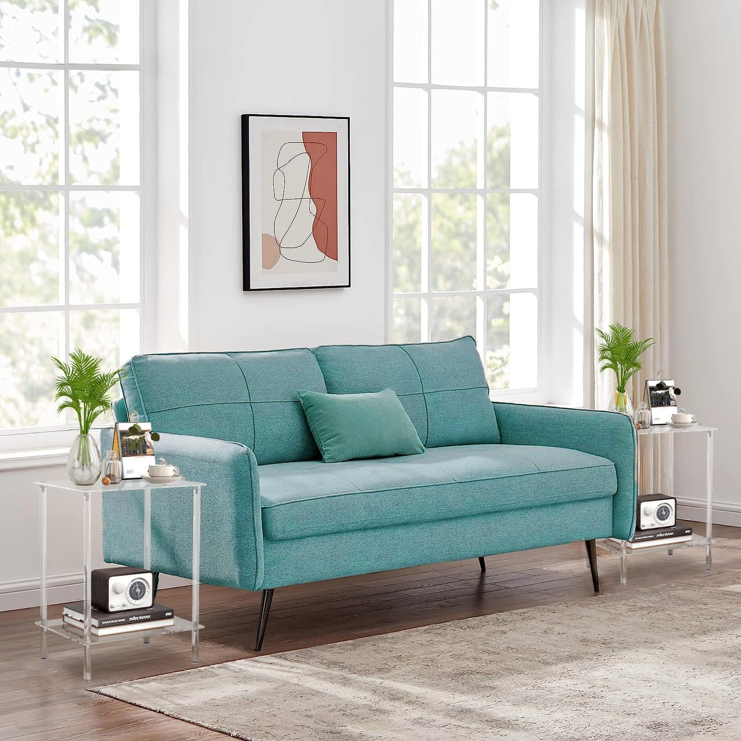 Acrylic Glass Side Tables with 2 Shelve End Table Bedside Set of 2, simplicity Nightstands for small Spaces, 2-Tier Tempered Glass for Office Bedroom Living Room Study Outdoor Transparent ET-008TR