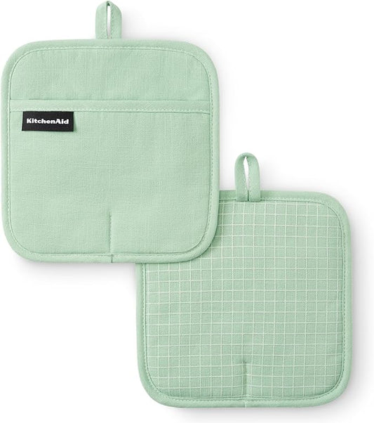 KITCHENAID Gourmet Series Gridlines Pot Holders 2-Pack Set, Heat Resistant up to 600°F, Soft Silicone Grip, Magnetic Cuff, Pistachio Green, 8"x8"