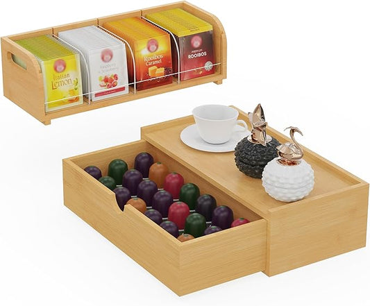 Bamboo Tea Organizer – Stackable Collection (1Tier w/Drawer）