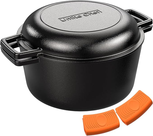 2-in-1 Pre-Seasoned Cast Iron Double Dutch Oven Pot with Skillet Lid & Silicone Sleeves – Raised Rib Skillet Lid– Umite Chef 7QT Cast Iron Skillet Cookware Pan Set wirh Dual Handles – Oven, Grill, Campfire & Stovetop Safe –PFAS-Free