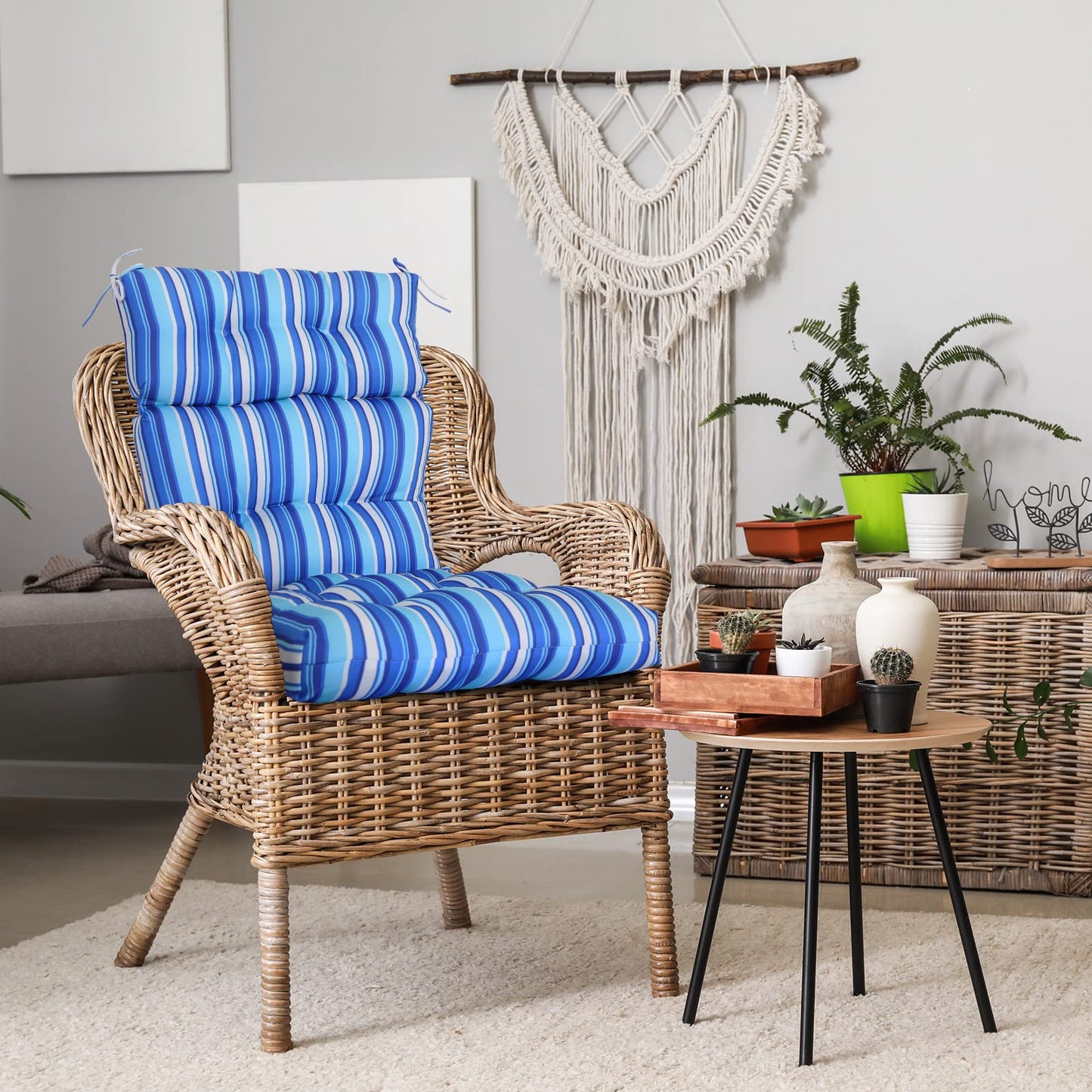 EAGLE PEAK Tufted Outdoor/Indoor High Back Patio Chair Cushions, Set of 2, 46'' x 22'', Blue Stripe
