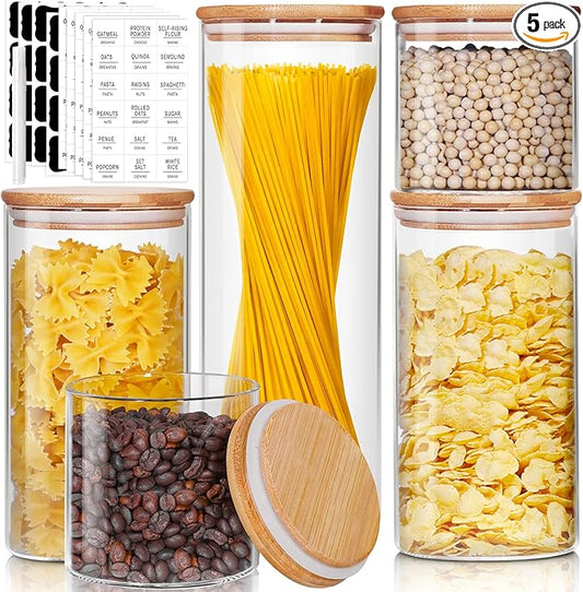 HomArtist Glass Jars with Bamboo Lids [Muti Size Set of 5], Glass Canisters with Airtight Lids, Glass Food Storage Containers for Pasta, Oats, Coffee, Flour, Sugar, Rice, Best for Kitchen & Pantry