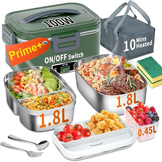 IFENROL Electric Heated Lunch Box for Adults, 100W 3-IN-1 2 Pack 1.8L Containers Heating Lunch Box for Men Portable Double Layer, Fast Heated Food Warmer,12V/24V/110V for Car Truck Office Home