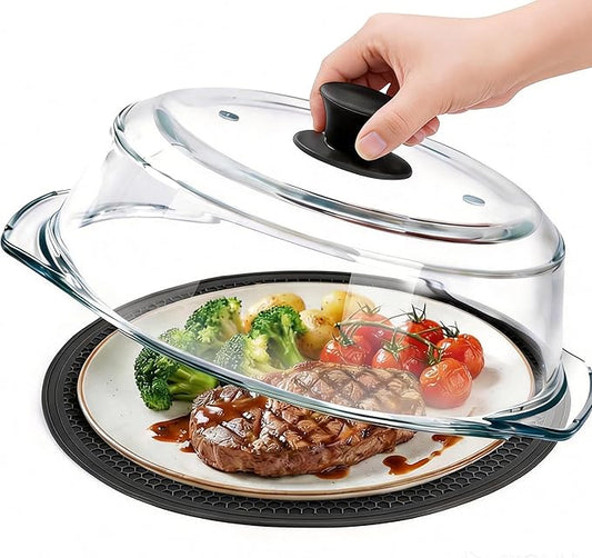 Glass Microwave Splatter Cover for Food with Microwave Place Mat - Sturdy Plate Guard Lid with Vent Holes and Easy-Grip Silicone Handle - BPA Free, Dishwasher Safe (Black)