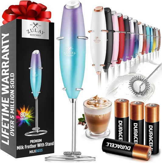 Zulay Kitchen Powerful Milk Frother Wand With 4 AA Duracell Batteries - Ultra Fast Handheld Drink Mixer - Electric Whisk Foam Maker for Coffee, Lattes, Cappuccino, Matcha & Creamer - Borealis