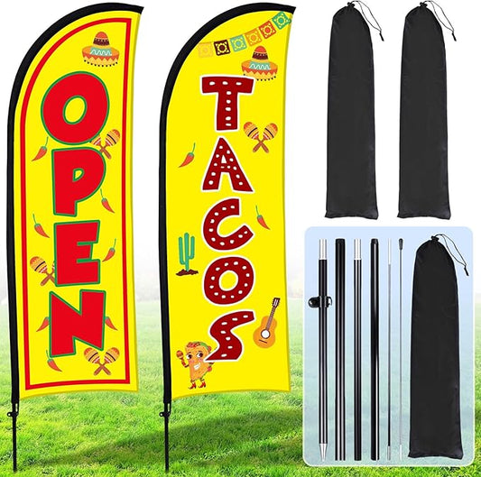 Buryeah Feather Banner Feather Flag Taco Sign Business Signs for Outside Open Flags for Businesses with Pole Ground Stake Portable for Mexican Restaurants, Diners, Markets(Yellow)