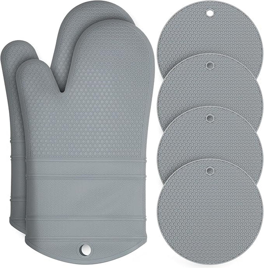 6 Pack Oven Mitts and Pot Holders Sets,Silicone Oven Mitts &Hot Pads,Long Cooking Gloves,Kitchen Trivet Mats,Kitchen Home Essentials,12.9" Mitts 7" Trivets (1*Pair Grey Oven Mitts+4*Trivet)