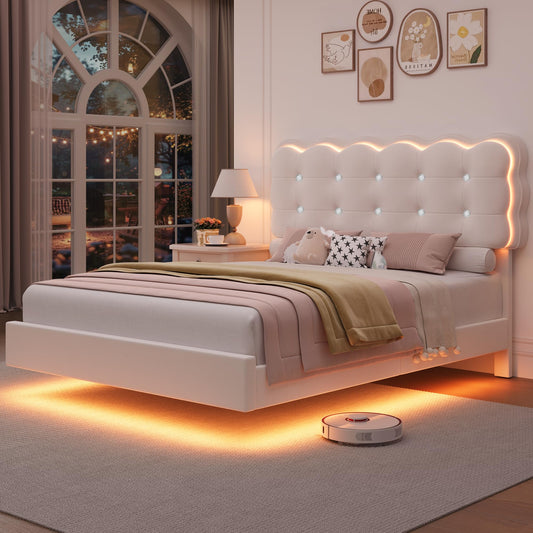 HIFIT Upholstered Full Size LED Bed Frame with Charging Station and Adjustable Crystal Button-Tufted Puffs Headboard, Velvet Princess Floating Platform Bed Frames for Girls, No Box Spring Needed,Beige