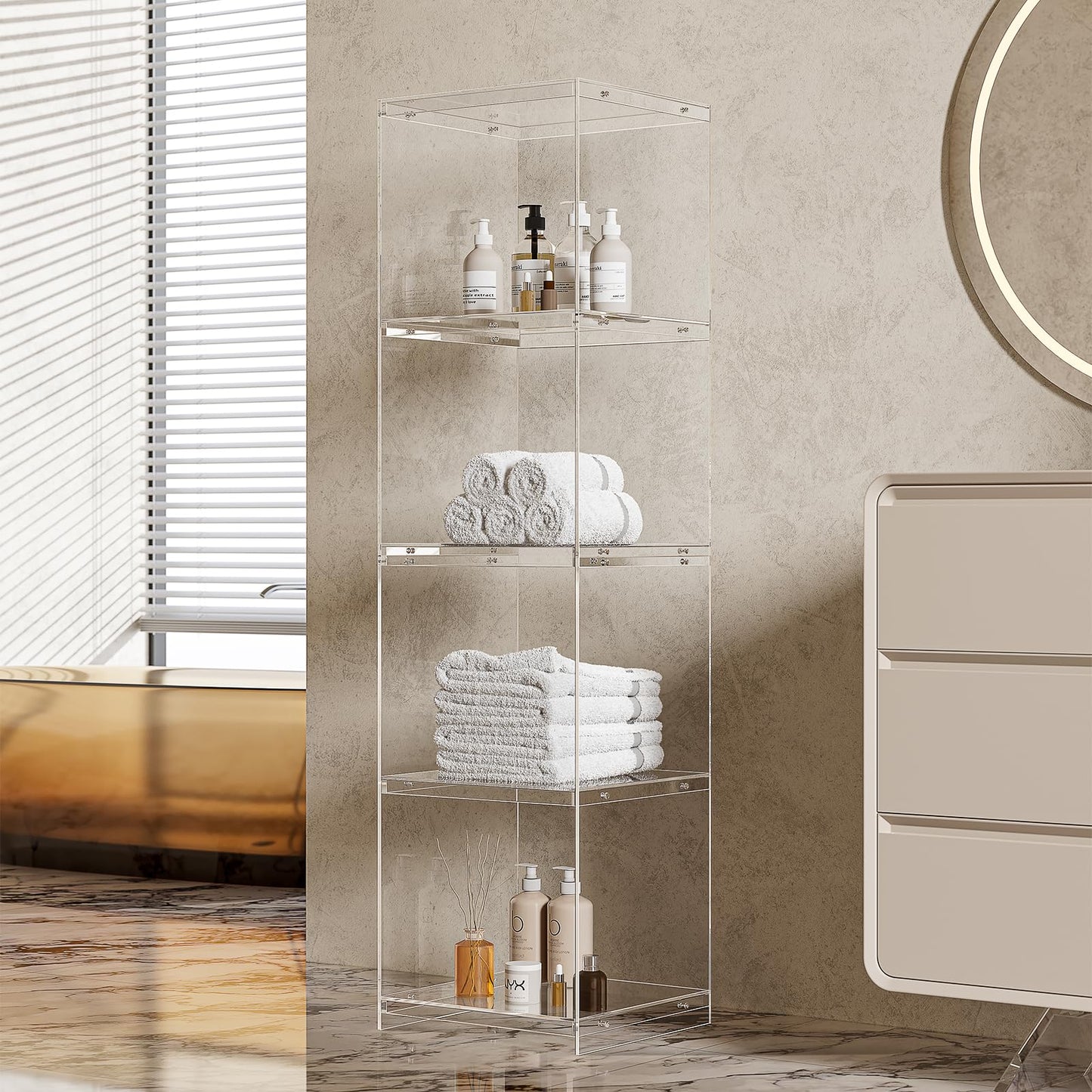 Acrylic Display Cabinet, 4-Tier Display Case in Bedroom, Living Room, Playroom, Modern Style (16" D x 16" W x 62" H)