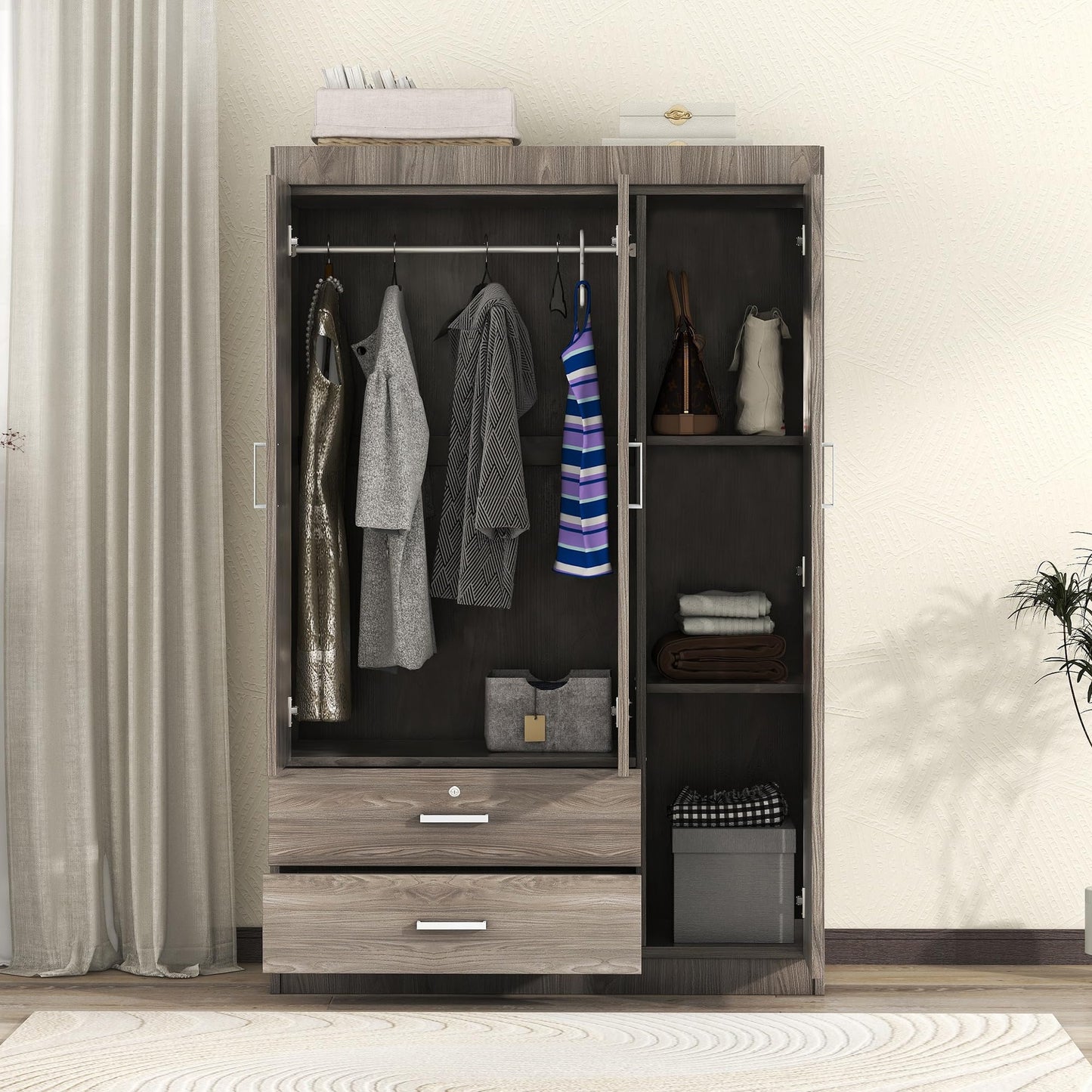 LZ LEISURE ZONE 3 Doors Wardrobe Armoire Closet, Large Freestanding Armoire Wardrobe Cabinet with 2 Drawers, Bedroom Wardrobe Clothes Storage Cabinet Organizer, Wood Grain Effect in Gray, LP006001