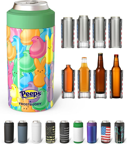 Frost Buddy Universal Can Cooler - Fits all - Stainless Steel Can Cooler for 12 oz & 16 oz Regular or Slim Cans & Bottles - Stainless Steel (Party Peeps)