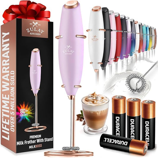 Zulay Kitchen Powerful Milk Frother Wand With 4 AA Duracell Batteries - Ultra Fast Handheld Drink Mixer - Electric Whisk Foam Maker for Coffee, Lattes, Cappuccino, Matcha & Creamer - Lilac & Rose Gold