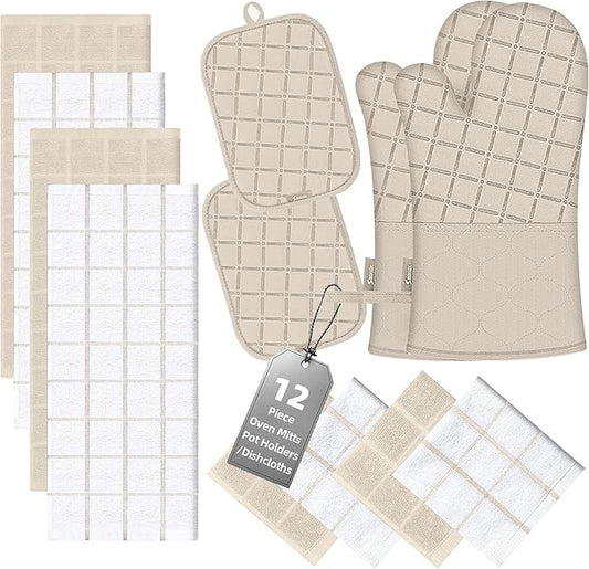 Oven Mitts Pot Holders Sets/Kitchen Towels and Dishcloths, Oven Gloves Kitchen Dish Towels 500 Degree Heat Resistant Potholders with Non-Slip Silicone Surface for Cooking, Grilling, Baking-Milkshake