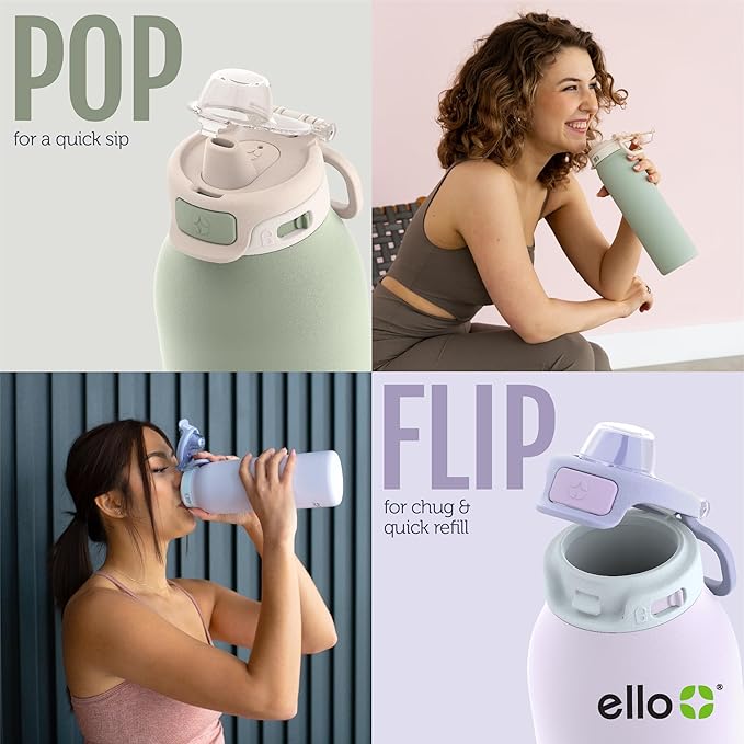 Ello Pop & Fill 40oz Stainless Steel Water Bottle with Quick Fill Technology, Double Walled and Vacuum Insulated Metal, Leak Proof Locking Lid, Sip and Chug, Reusable, BPA Free, Rosy Skyline