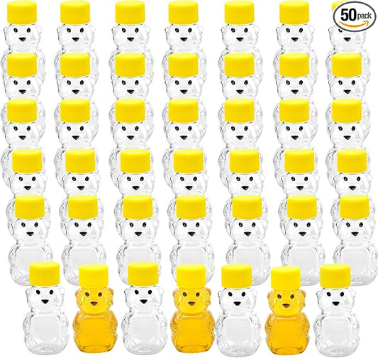 50 Pack 2 oz Honey Bear Bottle Plastic, Reusable Plastic Honey Bear Jars Bulk with Yellow Lid for Storing and Dispensing(60ml /2oz)