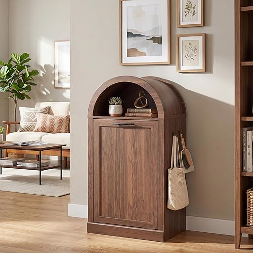 Seang Arched Tilt-Out Trash Can Cabinet,Laundry Hamper Cabinet with Foldable Laundry Basket,Wooden Hidden Garbage Can Cabinets with Metal Handle & Hooks,Walnut