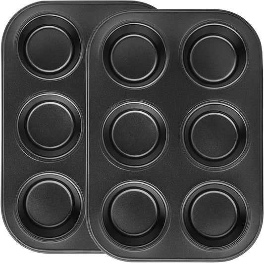 Beasea Muffin Pan 6 Cup, Set of 2 Non Stick Muffin Baking Pan, Carbon Steel Muffin Pan Bakeware Set Cupcake Baking Pan for Oven Baking
