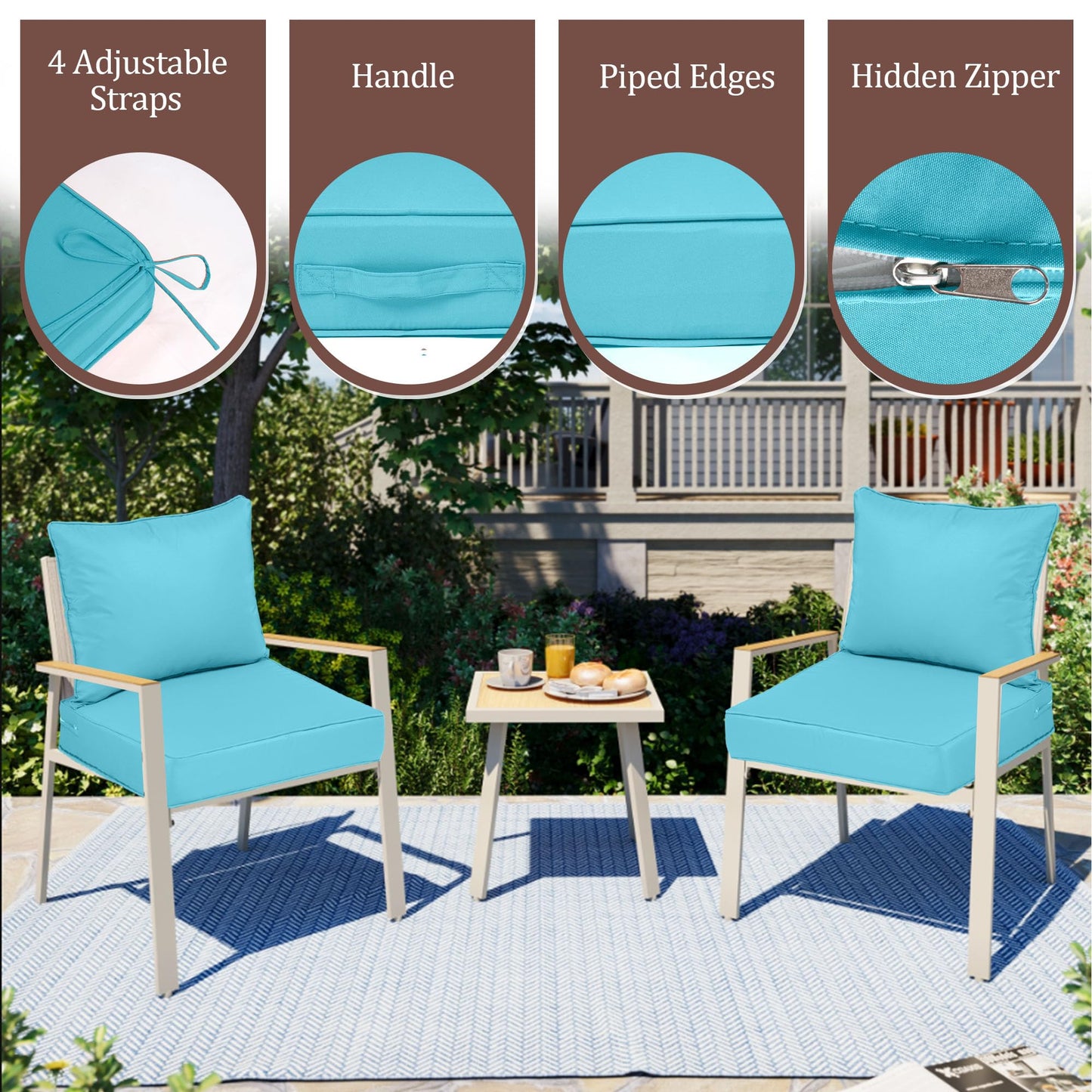Outdoor Deep Seat Cushions for Patio Furniture Set of 2, Waterproof Outdoor Chair Cushions 24 x 24 x 4'' Patio Furniture Cushion with Fade Resistant Removable Cover, Handle & Straps, Lake Blue