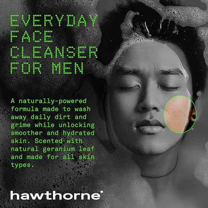 Hawthorne Men's Everyday Face Wash Cleanser With Aloe Extract and Calming Ceramides. For All Skin Types. Natural Ingredients, Vegan, Sulfate Free. 2-Pack, 4 Fl. Oz. Each