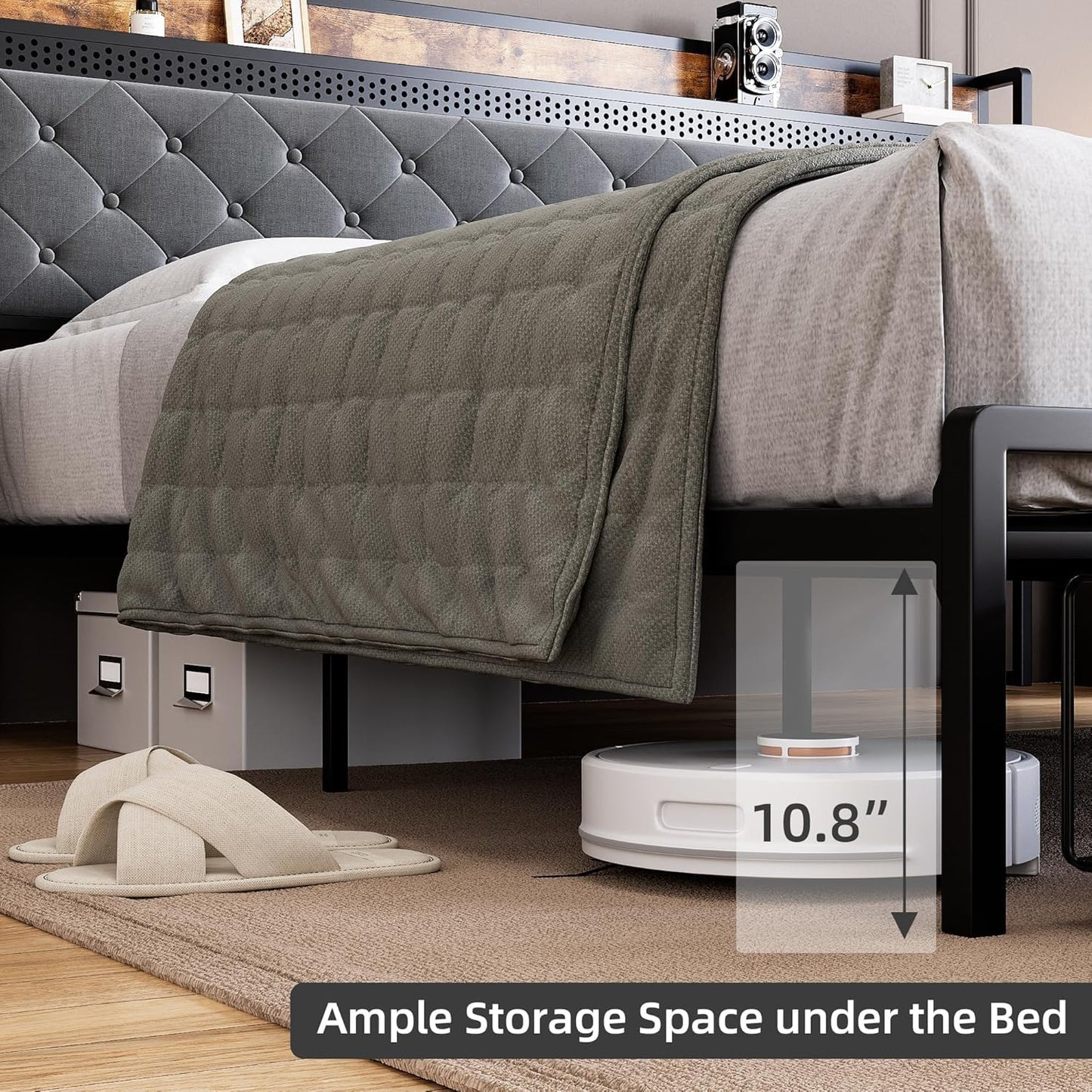 GAOMON King Size Bed Frame with Storage Headboard and Charging Station, Metal Platform Bed Frame with 2 Storage Drawers and LED Lights, Noise-Free, No Box Spring Needed, Rustic Grey