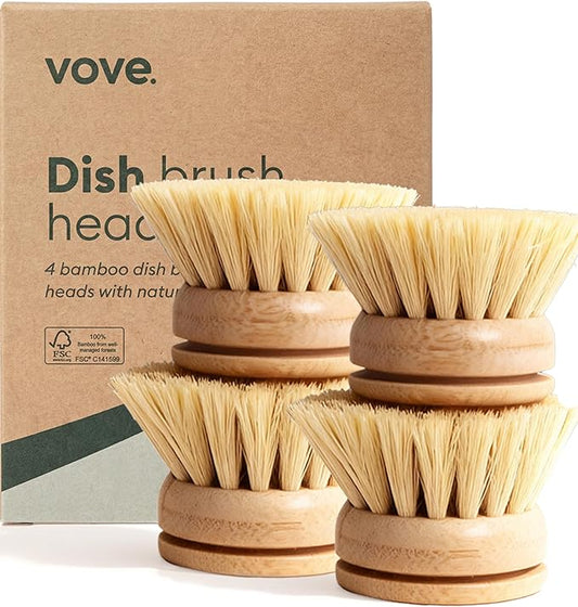 Vove Bamboo Dish Brush Replacement Heads, 4 Pack - FSC-Certified Bamboo - Natural Fiber Bristles - Compatible with Vove Dish Brush - Non-Toxic, Plastic-Free