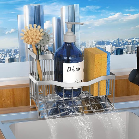 Maifan Sink Caddy Sponge Holder for Kitchen with Brush Holder and Stainless Steel Self Drain Tray, Rustproof Kitchen Sink Organizer for Sponge, Soap Dispenser Storage Accessories