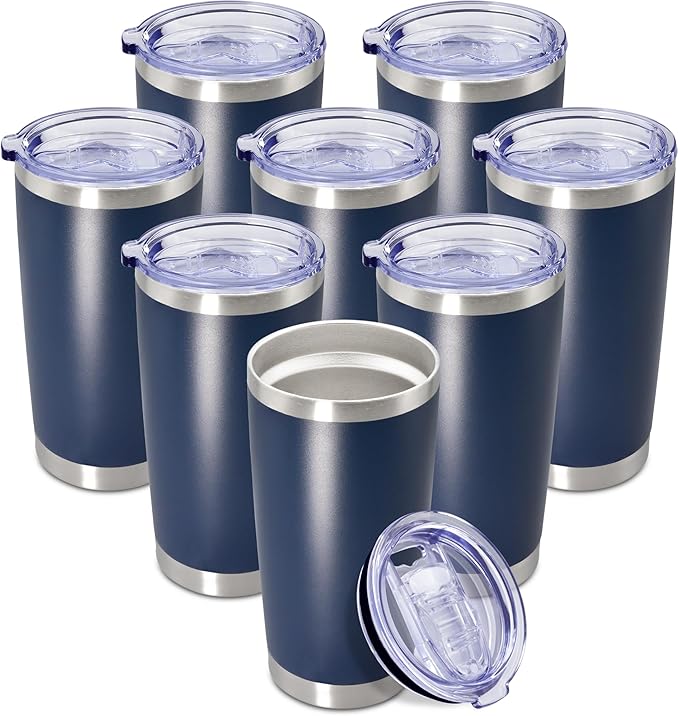 20 oz Tumbler Coffee Travel Tumblers Bulk with Lid Stainless Steel Double Wall Vacuum Insulated Mug Powder Coated Cups fit Car Cupholder for Hot and Cold - Navy, 8Pack